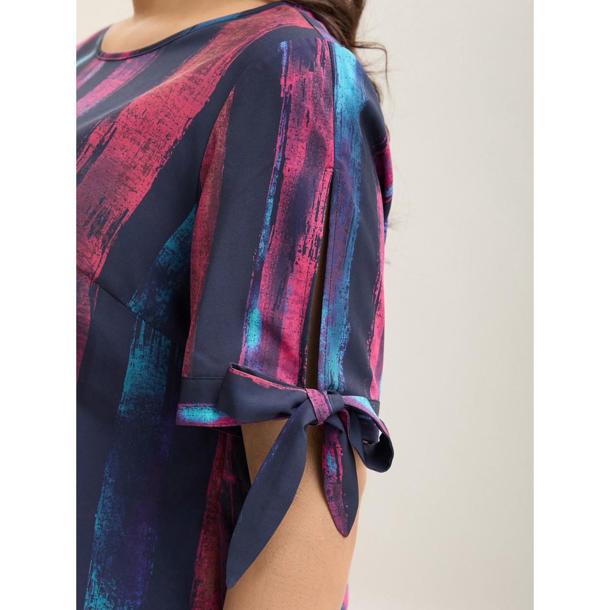 Plus Size Multicolor Irregular Stripes Sleeve Tie Blouse Women Leisure Short sleeve Round Neck Casual Blouses BloomChic 12/L Product Image