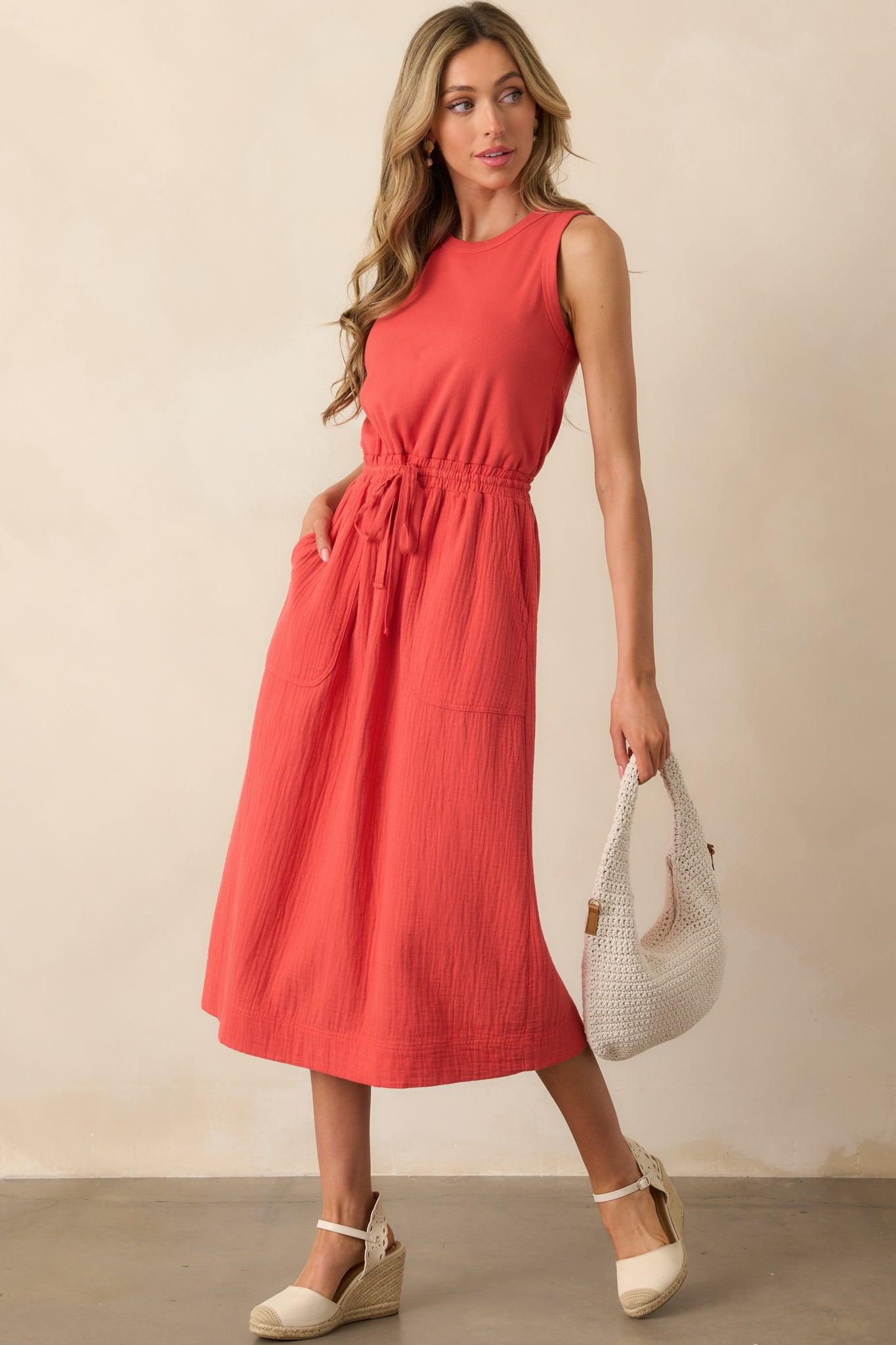 Moving Slowly Tomato Red Cotton Gauze Sleeveless Midi Dress Product Image