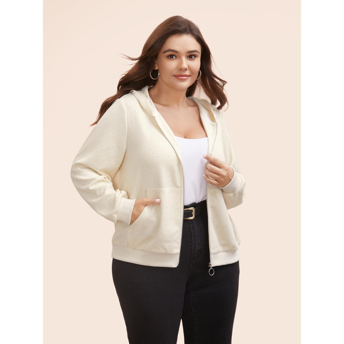 Plus Size Textured Rhinestone Hooded O Ring Zipper Sweatshirt Women Beige Casual Texture Hooded Everyday Sweatshirts BloomChic 18-20/2X Product Image