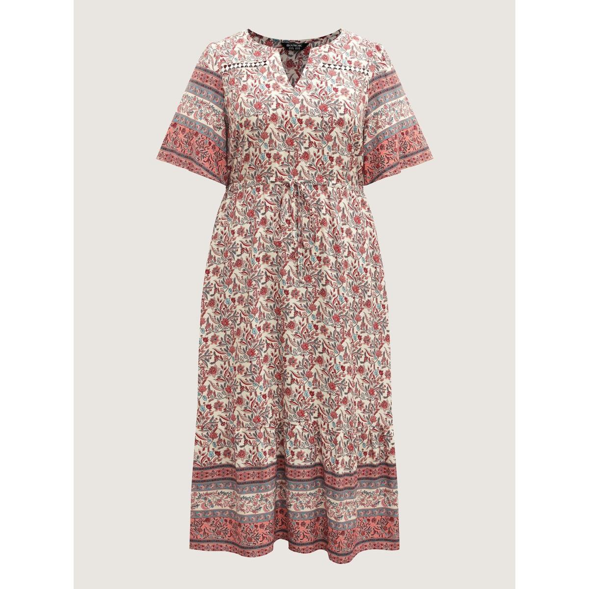 Plus Size Floral Print Lace Waist Drawstring Maxi Dress Salmon Women Boho Woven ribbon&lace trim Flat collar with V-notch Half Sleeve Curvy BloomChic 26/4X Product Image
