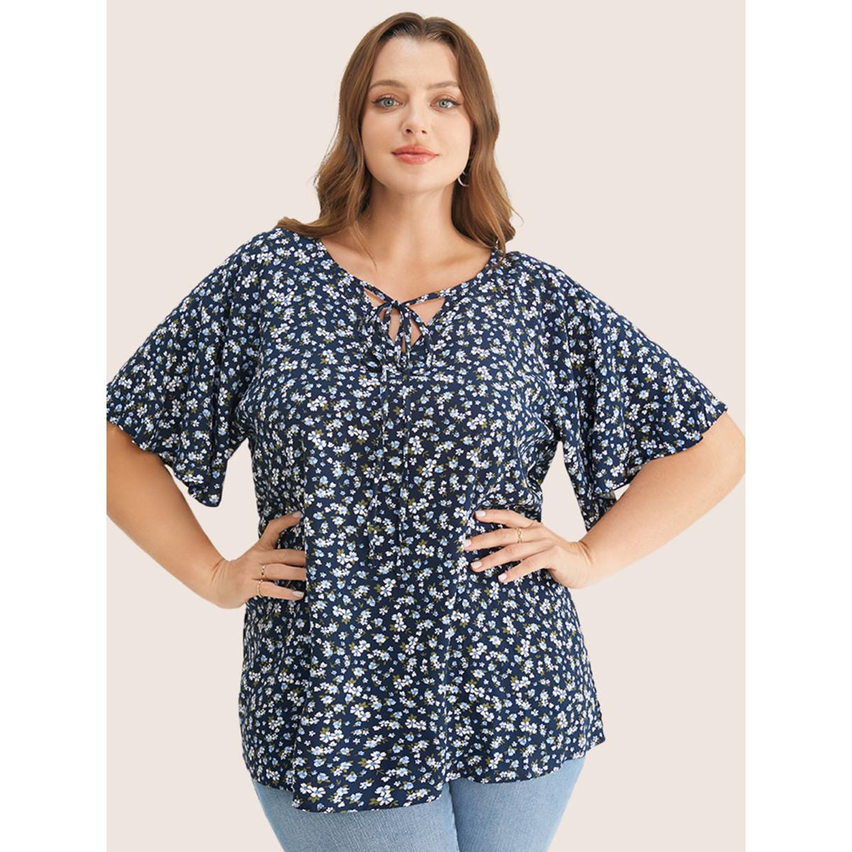 Plus Size Indigo Ditsy Floral Ruffle Sleeve Tie Neck Blouse Women Elegant Short sleeve V-neck Everyday Blouses BloomChic 18-20/2X Product Image
