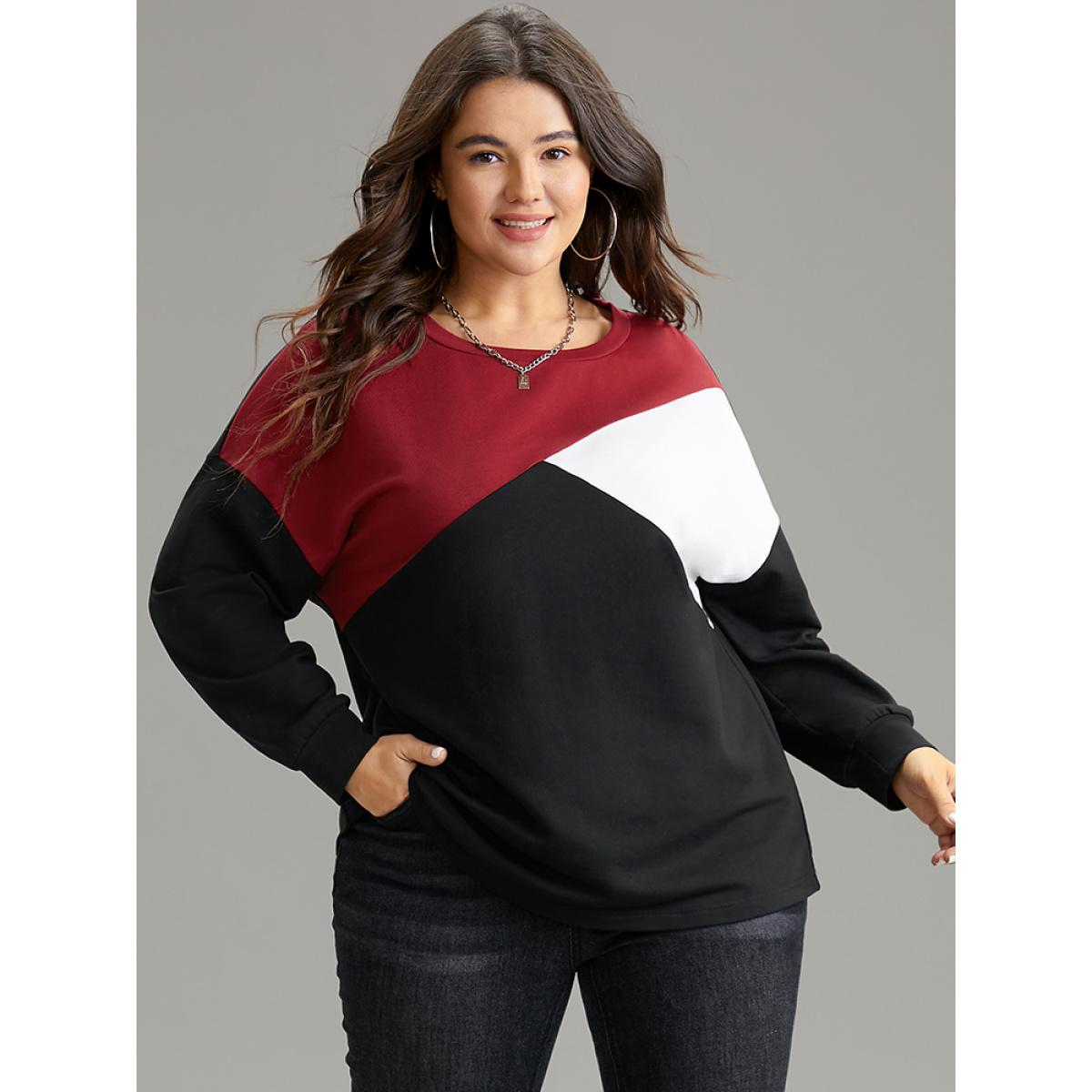 Plus Size Colorblock Contrast Round Neck Drop Shoulder Sweatshirt Women Black Casual Contrast Round Neck Dailywear Sweatshirts BloomChic 26/4X Product Image
