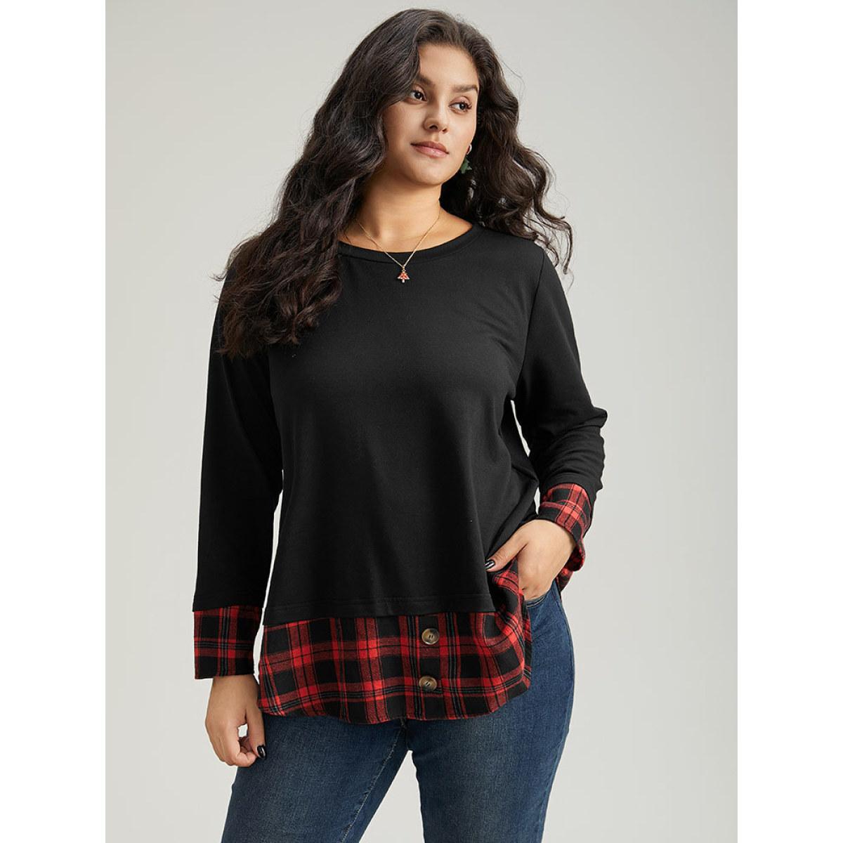 Plus Size PU Leather Patchwork Crew Neck Sweatshirt Women Scarlet Elegant Plain Round Neck Dailywear Sweatshirts BloomChic 30/6X Product Image