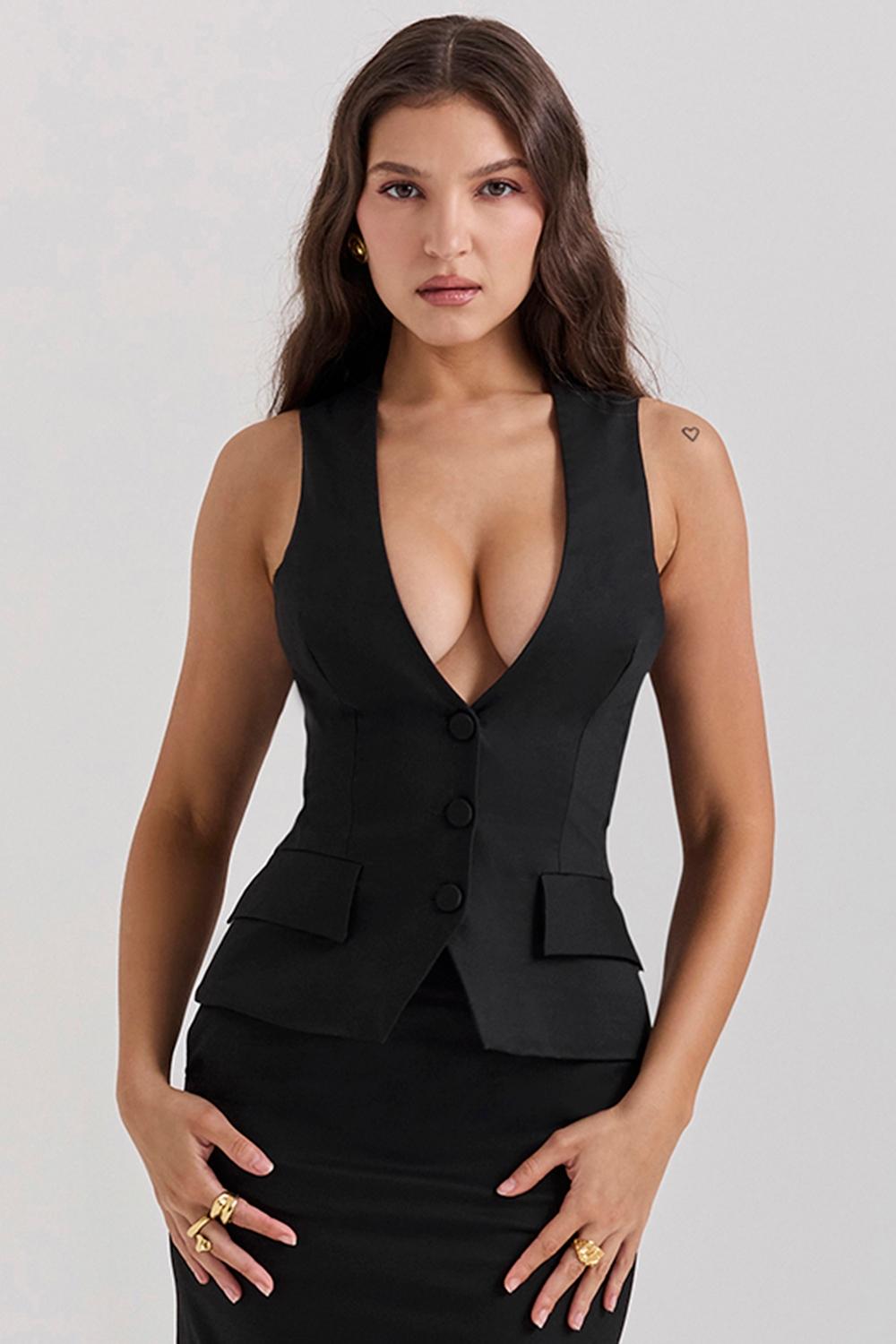 Juliet  black sleeveless tuxedo top Product Image