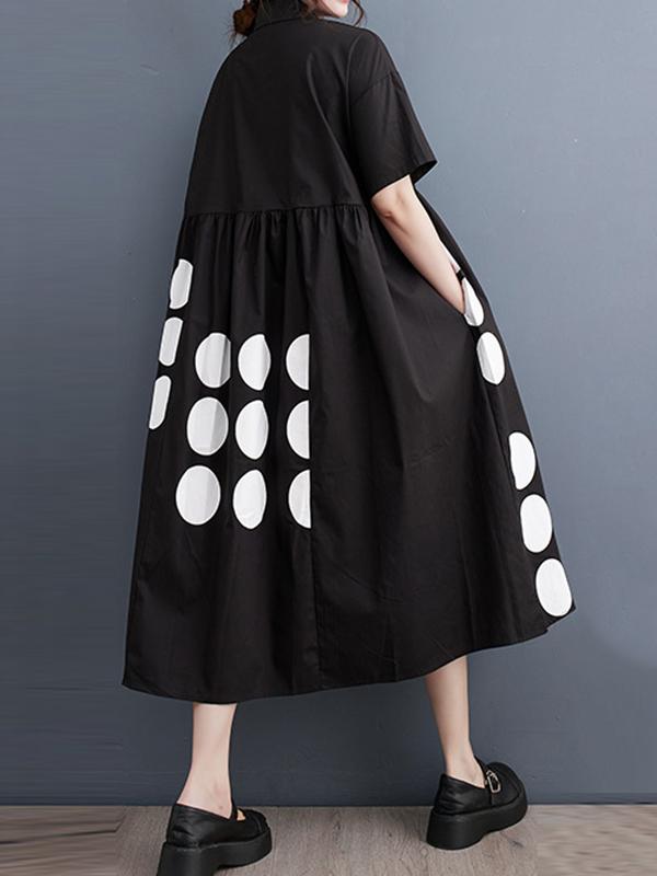 A-Line Loose Buttoned Pockets Polka Dot Printed Lapel Midi Dresses Product Image