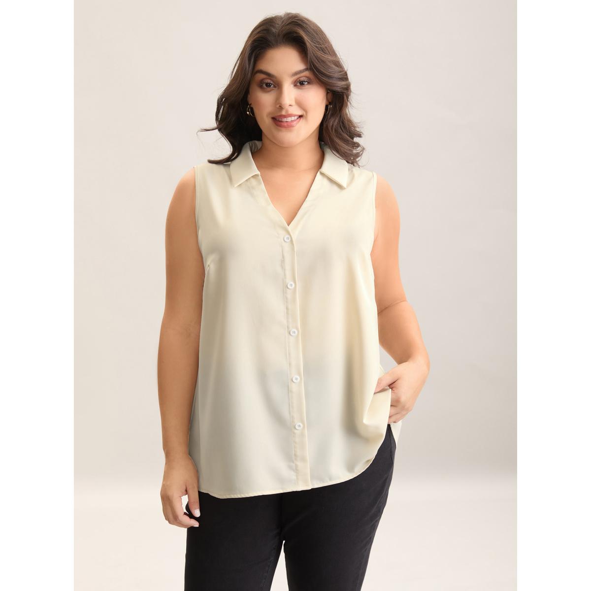 Plus Size Button Placket Collar Tank Top Women Beige Button Shirt collar Work Tank Tops Camis BloomChic 10/M Product Image