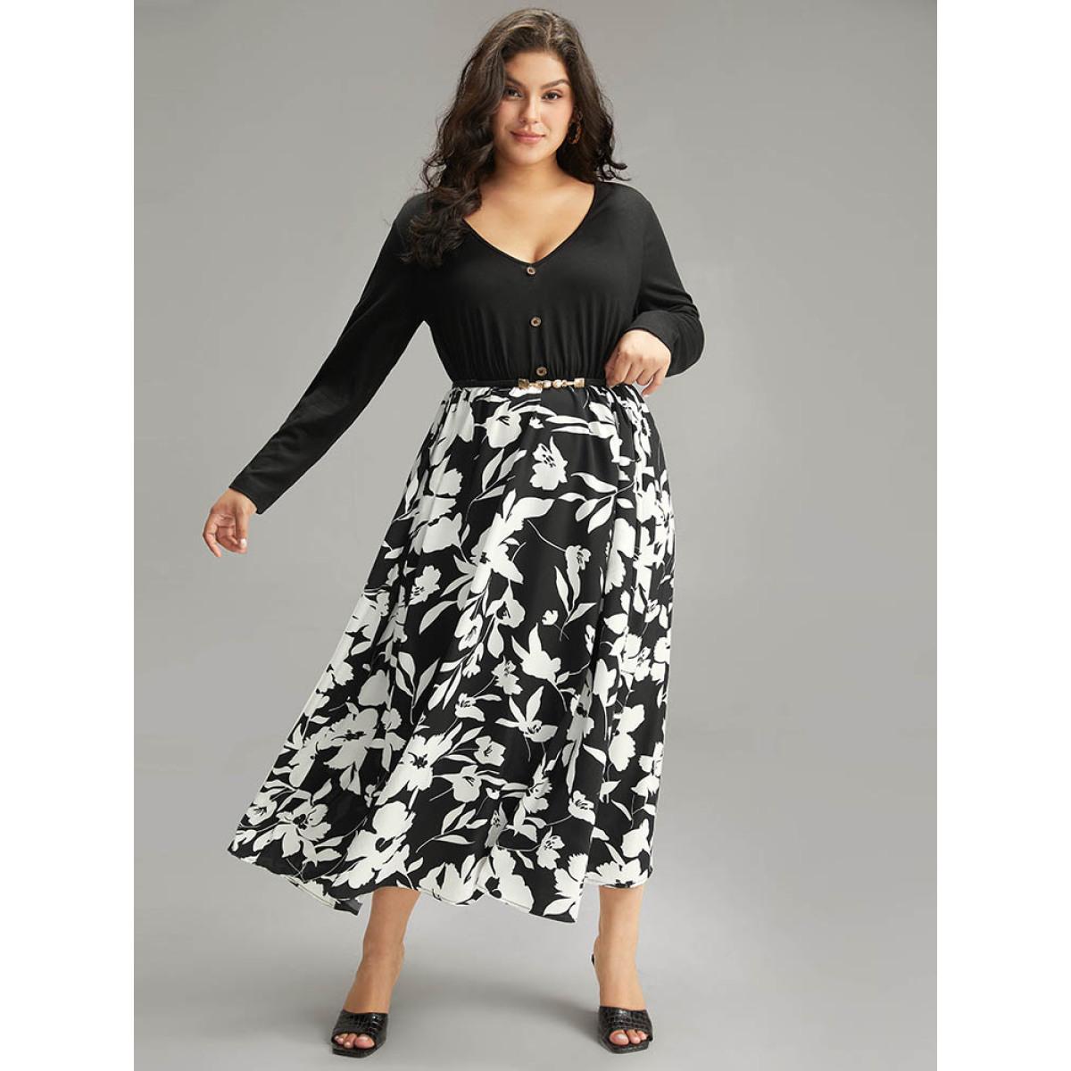 Plus Size Silhouette Floral Print Patchwork Button Detail Dress Black Women Elegant Printed V-neck Long Sleeve Curvy Midi Dress BloomChic 18-20/2X Product Image