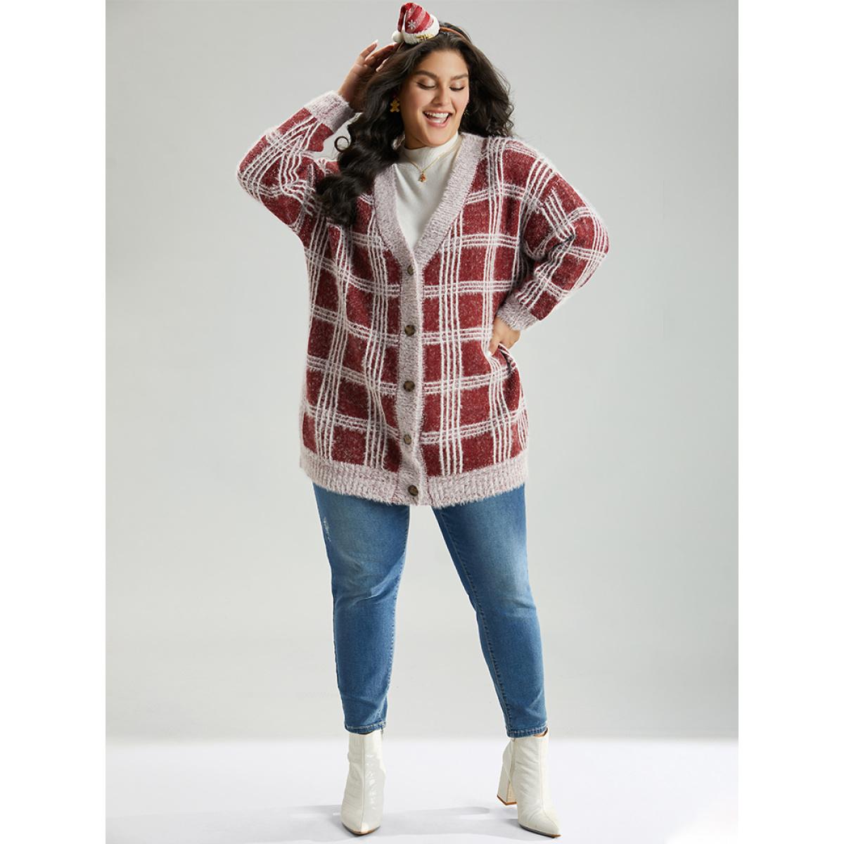 Plus Size Plaid Fuzzy Heather Button Fly Tunic Cardigan Burgundy Women Casual Loose Long Sleeve Festival-Christmas Cardigans BloomChic 22-24/3X Product Image