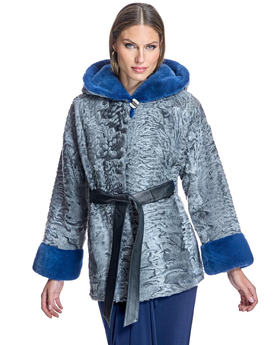 Hooded Swakara Lamb Jacket with Mink Trim Hood and Cuff Product Image