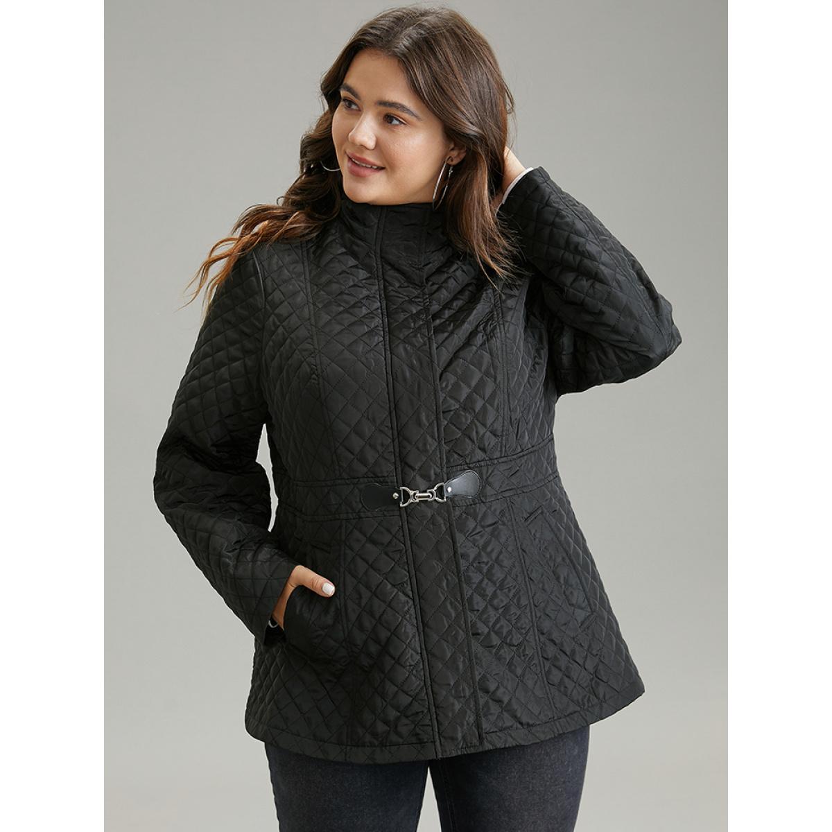 Plus Size Solid Buckle Detail Zipper Quilted Coat Women Black Casual Texture Ladies Everyday Winter Coats BloomChic 18-20/2X Product Image