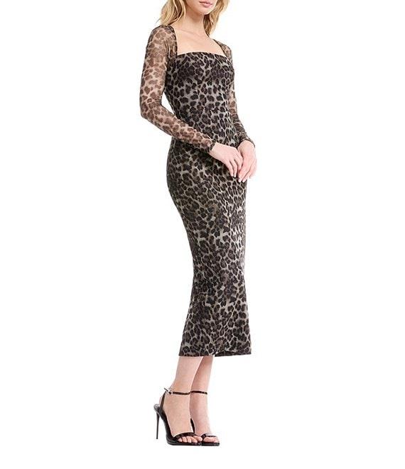 Dress the Population Maxine Long Mesh Sleeve Square Neck Midi Bodycon Dress Product Image