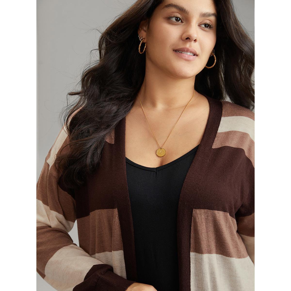 Plus Size Supersoft Essentials Colorblock Contrast Pocket Cardigan DarkBrown Women Casual Loose Long Sleeve Dailywear Cardigans BloomChic 26/4X Product Image