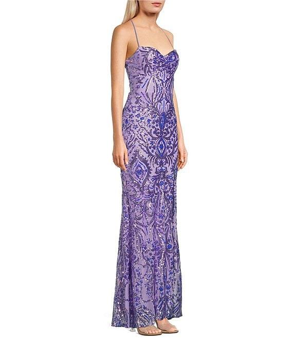 Blondie Nites Sequin Pattern Pinch Front Spaghetti Strap Tie Back Gown Product Image