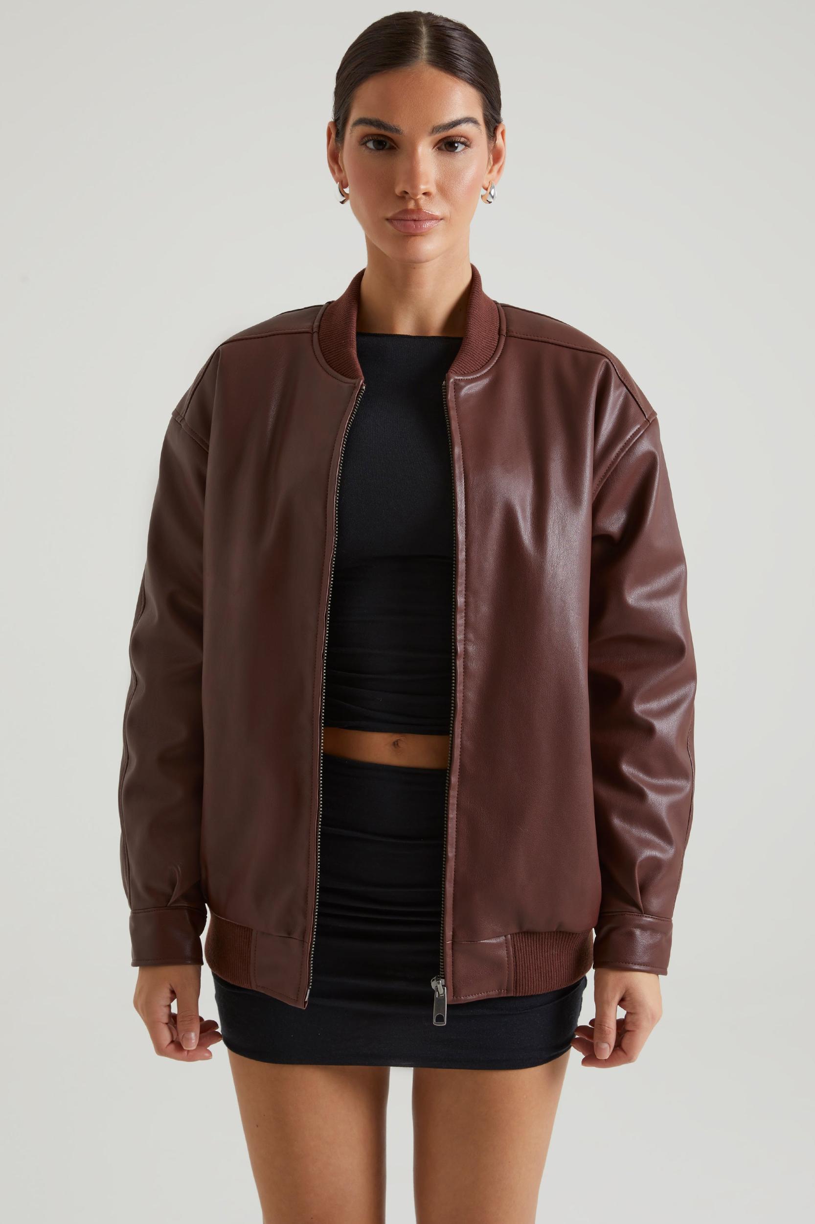 Faux Leather Jacket in Brown Product Image