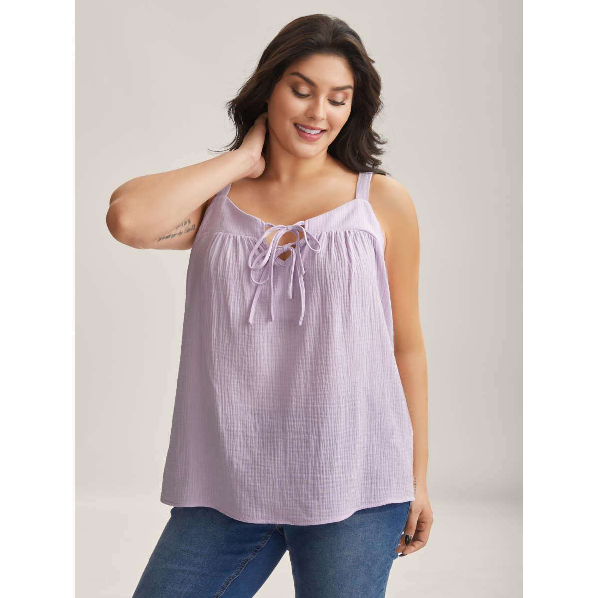 Plus Size Neck Tie-UP Pleated Tank Top Women Lavender Tie knot Heart neckline Everyday-Casual Tank Tops Camis BloomChic 14-16/1X Product Image