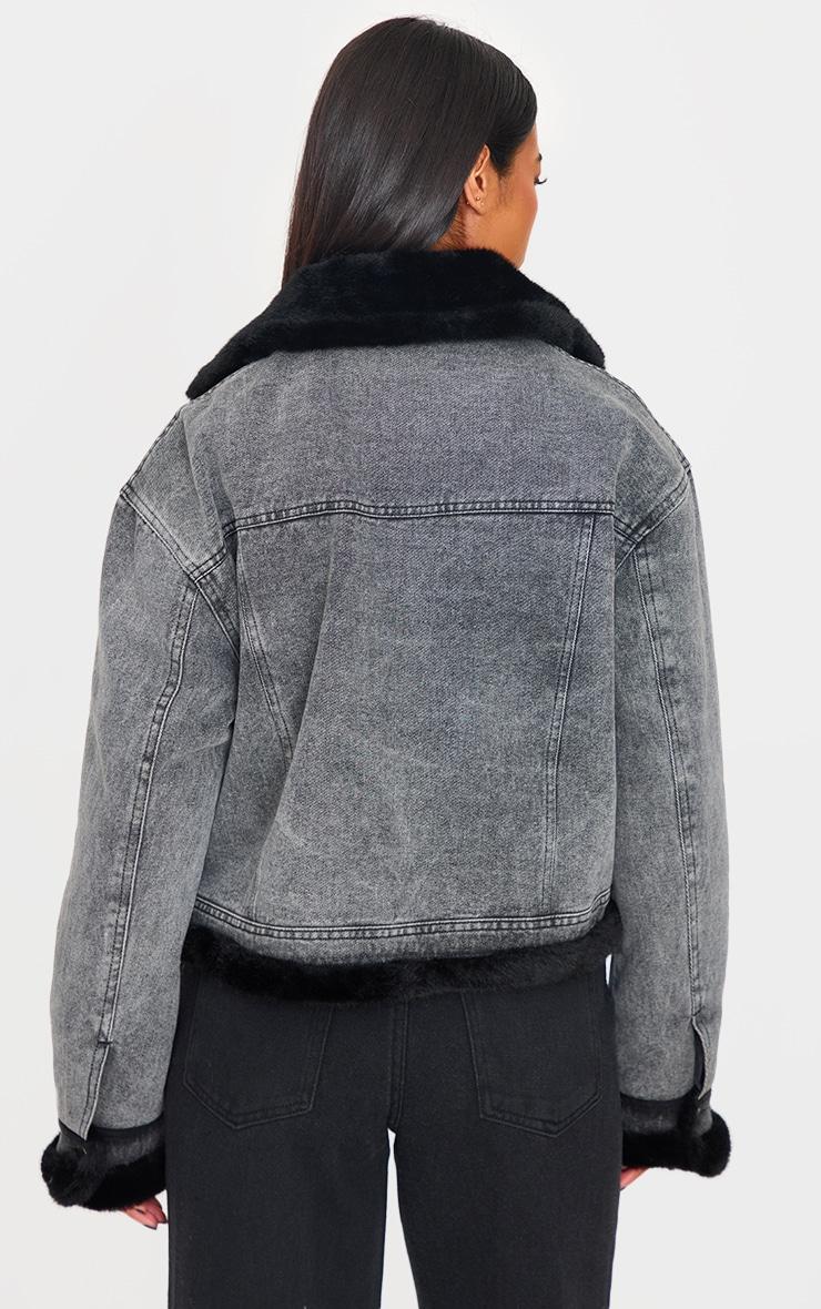 Grey Soft Faux Fur Aviator Style Denim Jacket Product Image