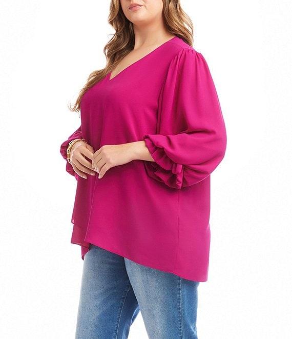 Karen Kane Plus Size V-Neck 3/4 Lantern Sleeves Asymmetric Layered Hem Top Product Image