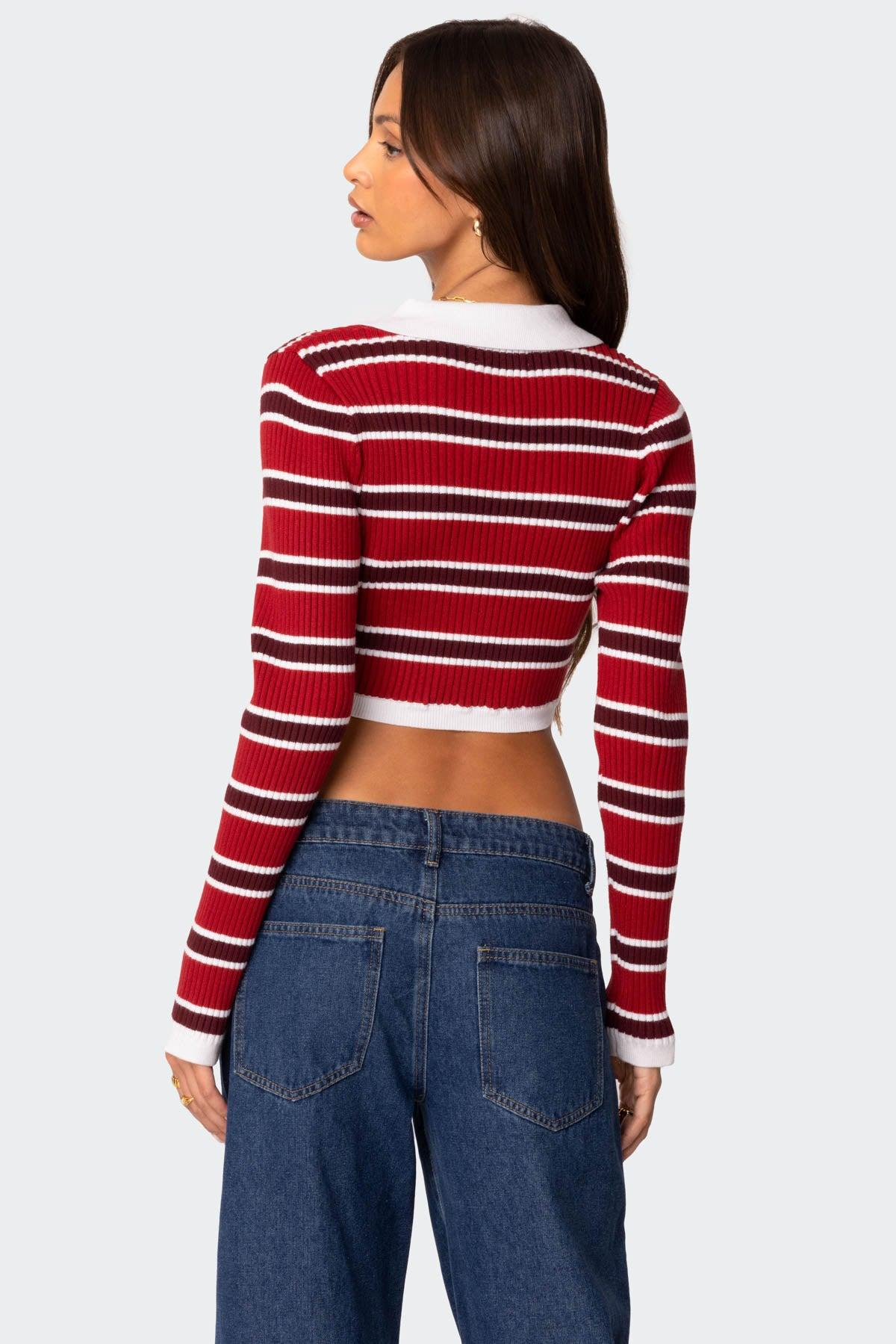 Collared Stripey Ribbed Crop Top Product Image
