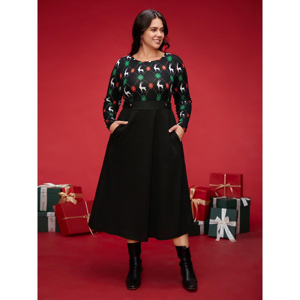Plus Size Reindeer Printed Fit-and-Flare Midi Dress Black Women Casual Patchwork Party Curvy Bloomchic 18-20/2X Product Image