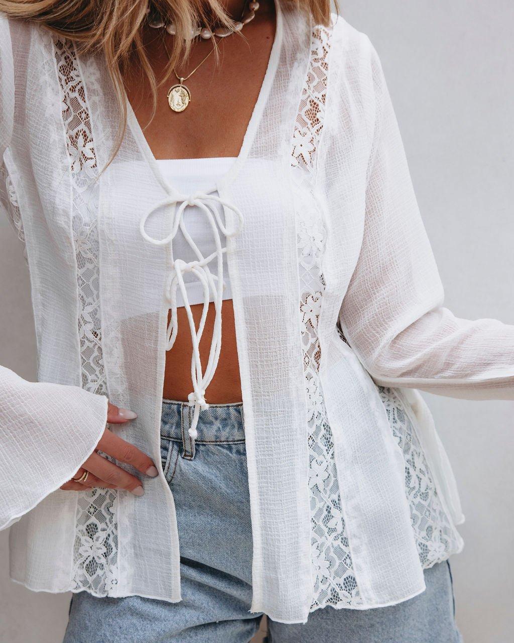 White Bell Sleeve Sheer Lace Top - DOORBUSTER Product Image