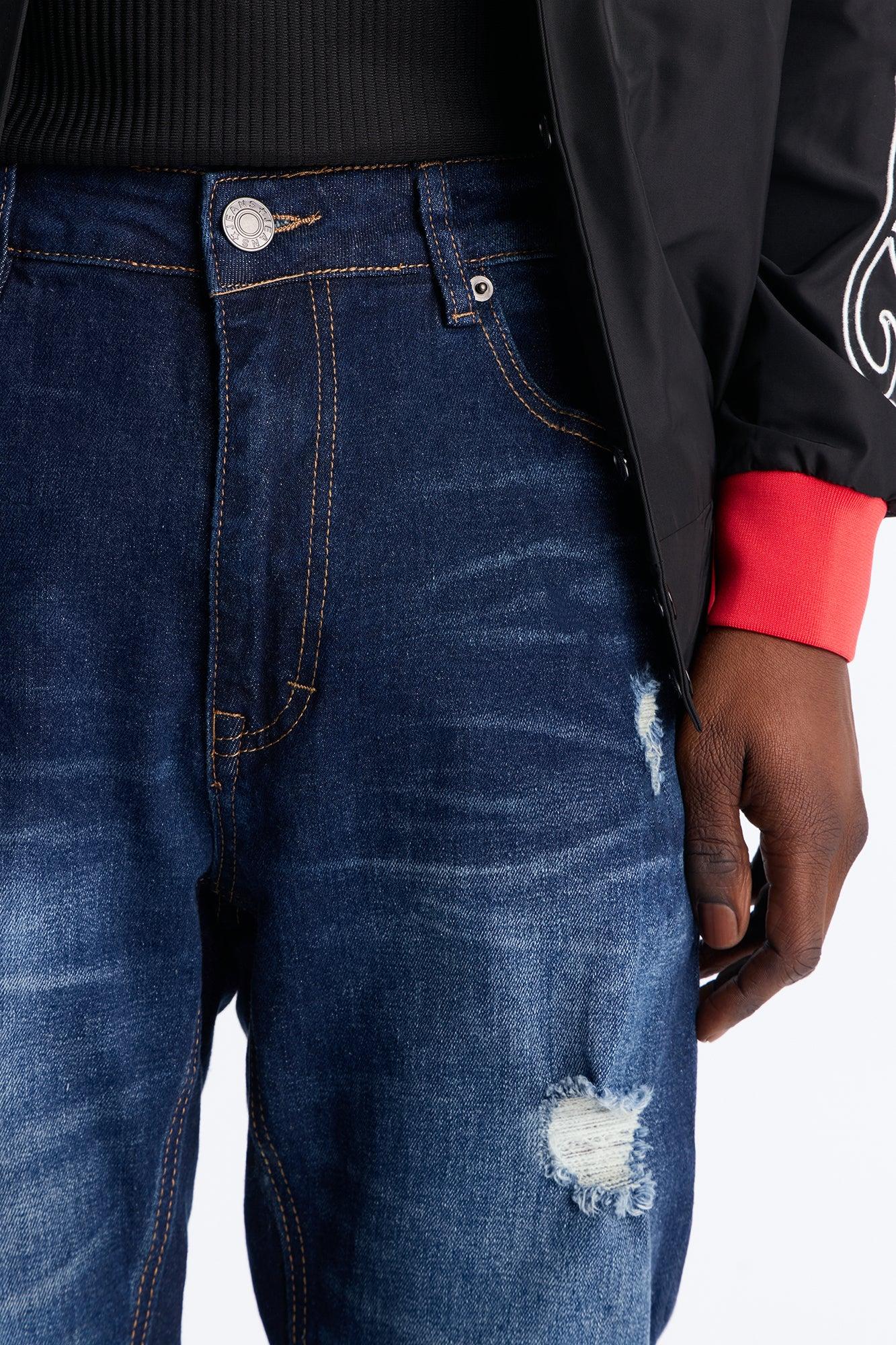 Essential Destroyed Stacked Slim Flare Stretch Jean - Dark Wash Male Product Image