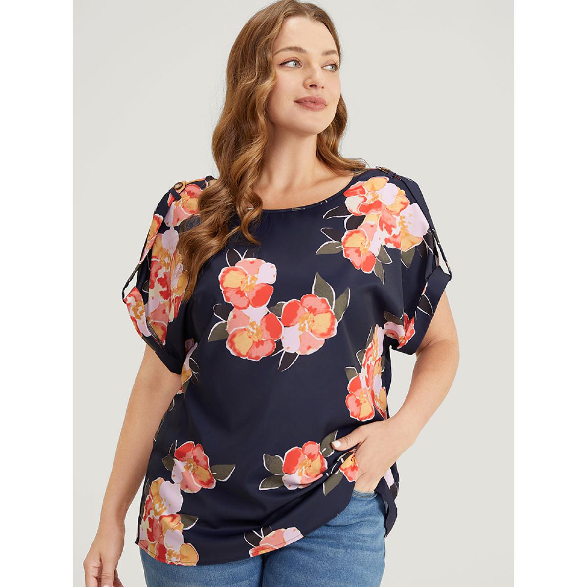 Plus Size Indigo Floral Printed Roll Tab Sleeve Blouse Women Elegant Short sleeve Round Neck Dailywear Blouses BloomChic 12/L Product Image