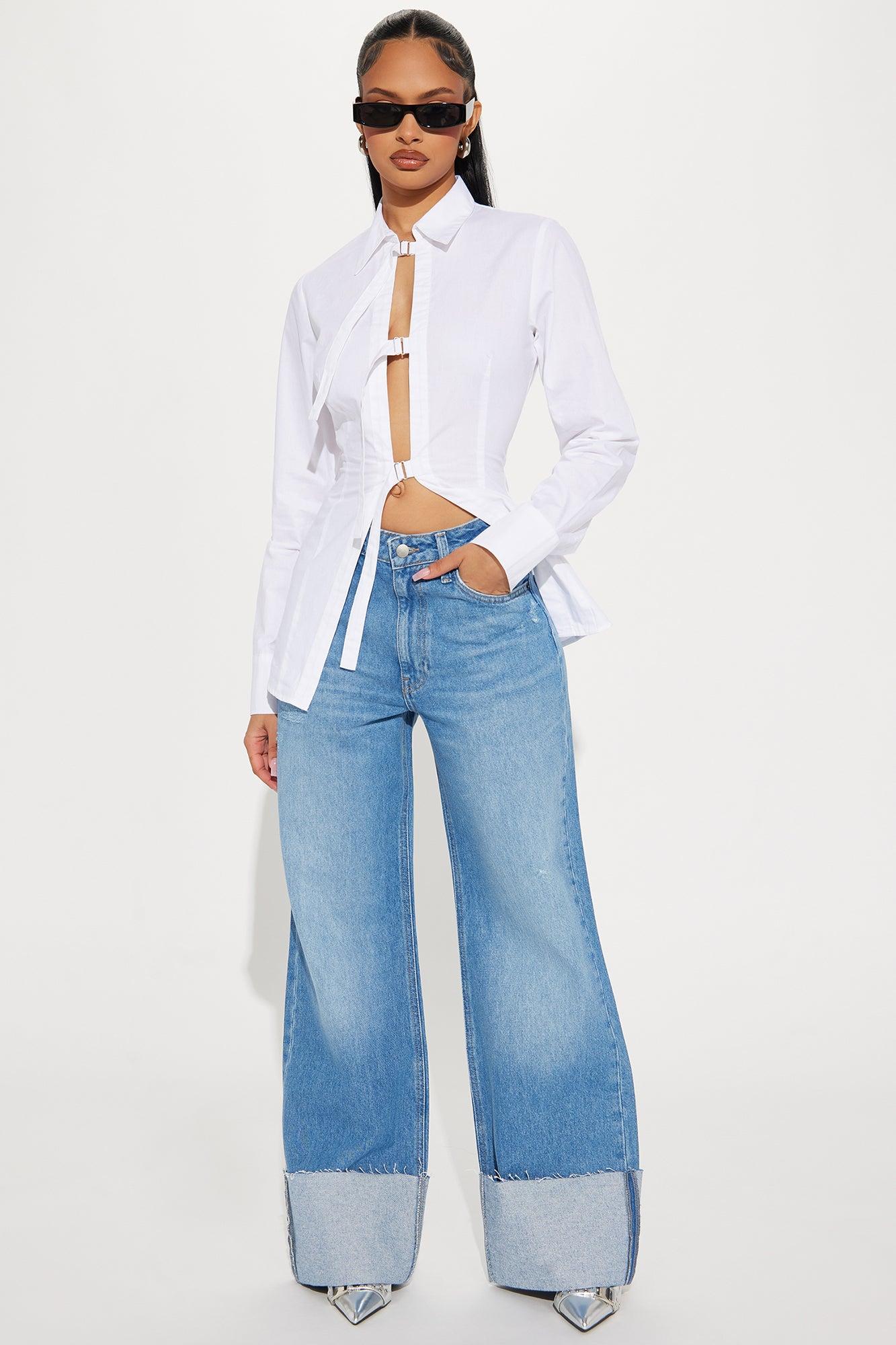 Jeanine Cuffed Wide Leg Jeans - Medium Wash Product Image