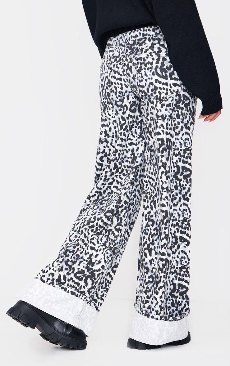 White And Black Leopard Print Turn Up Hem Wide Leg Jeans Product Image