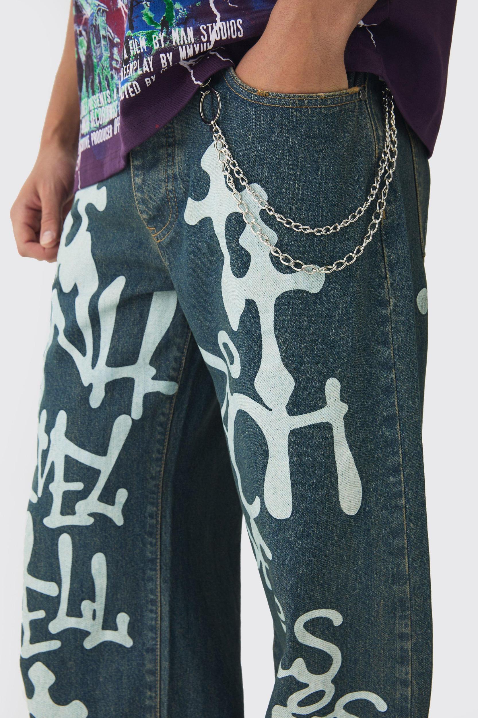 Relaxed Rigid Graffiti Spray Printed Jeans | boohooMAN USA Product Image