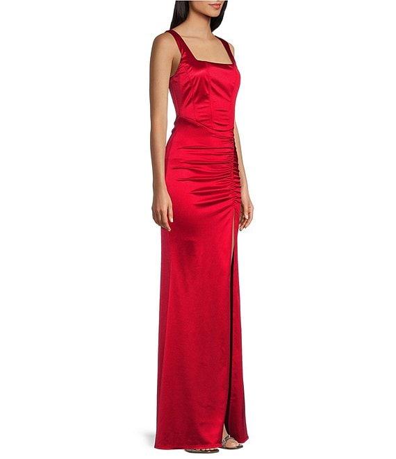 Honey and Rosie Sateen Square Neck Sleeveless Front Slit Gown Product Image