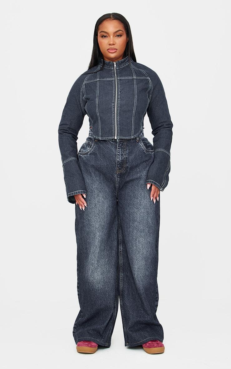 Plus Indigo Blue Wash Zip Up Cuff Detail Denim Jacket Product Image