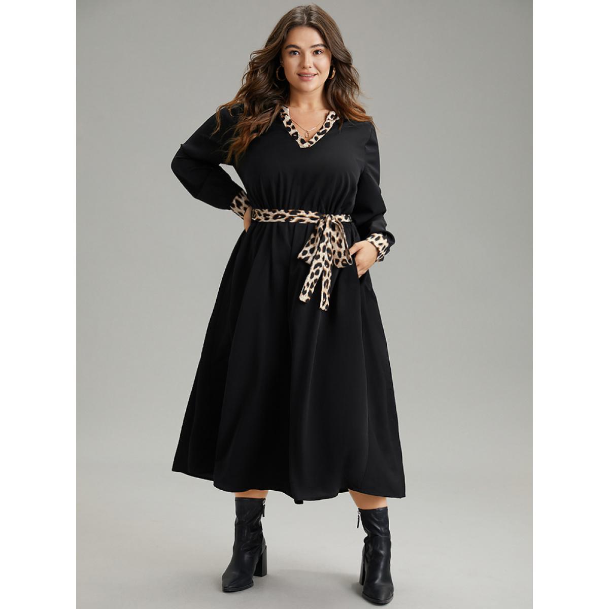 Plus Size Leopard Patchwork Pocket Belted Notched Dress Black Women Office Patchwork Notched collar Long Sleeve Curvy Midi Dress BloomChic 18-20/2X Product Image