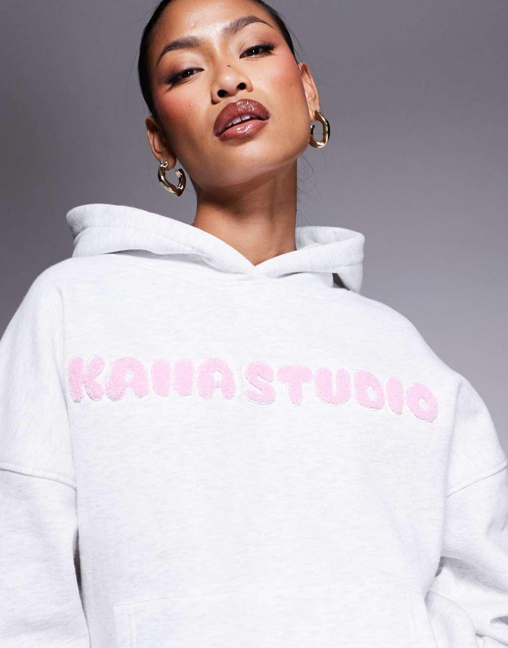 Kaiia Studio logo oversized teddy hoodie in gray and pink Product Image
