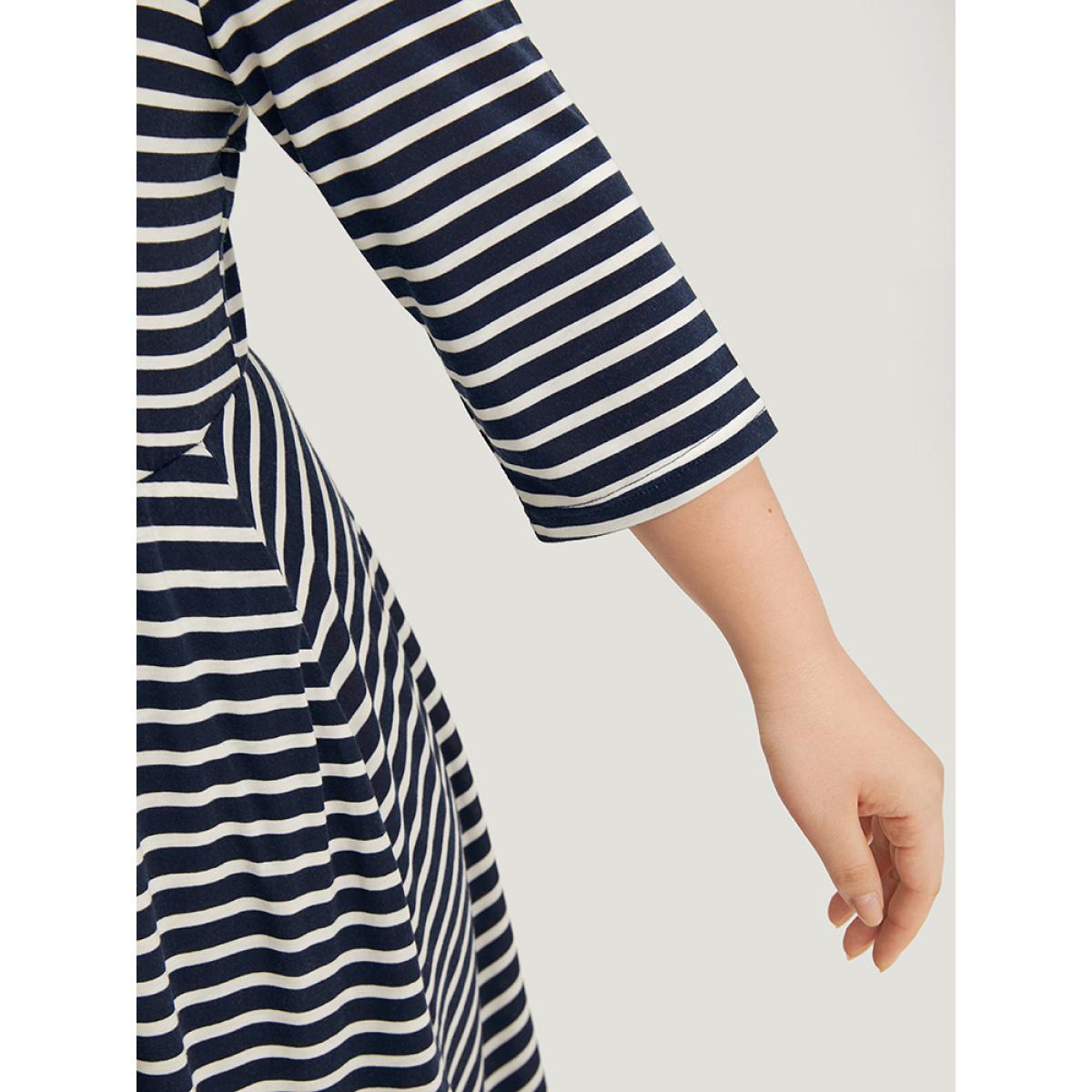 Plus Size Striped Crew Neck Pocket Twist Back Dress Indigo Women Casual Elastic Waist Round Neck Elbow-length sleeve Curvy Midi Dress BloomChic 12/L Product Image