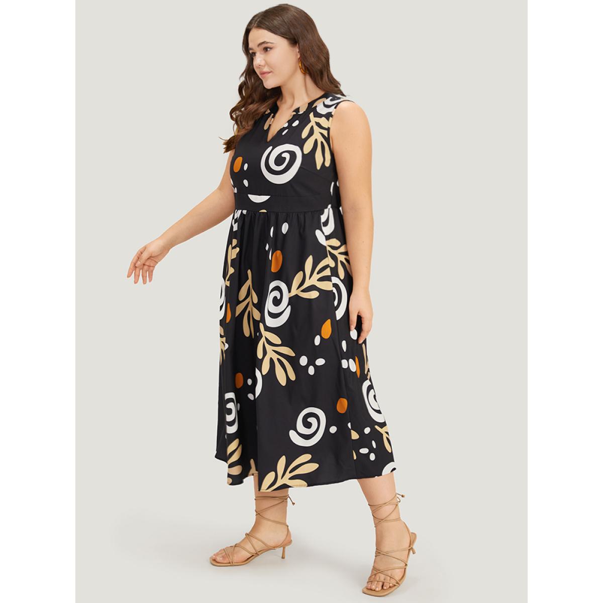 Plus Size Graphic Print Notched Pocket Tank Dress Black Women Vacation Printed Notched collar Sleeveless Curvy Midi Dress BloomChic 30/6X Product Image