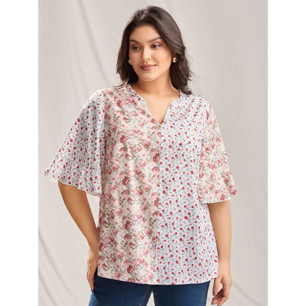 Plus Size Lightpink Floral Contrast Print Button Detail Blouse Women Timeless Half Sleeve Notched collar Elegant Blouses BloomChic 12/L Product Image