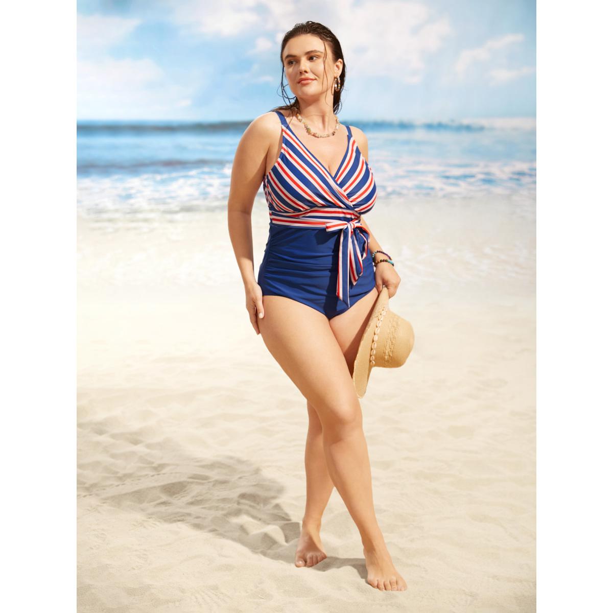 Plus Size Overlap Collar Contrast Striped Tie knot One Piece Swimsuit Women's Swimwear Navy Beach Tie knot Curve Bathing Suits High stretch One Pieces BloomChic 10/M Product Image