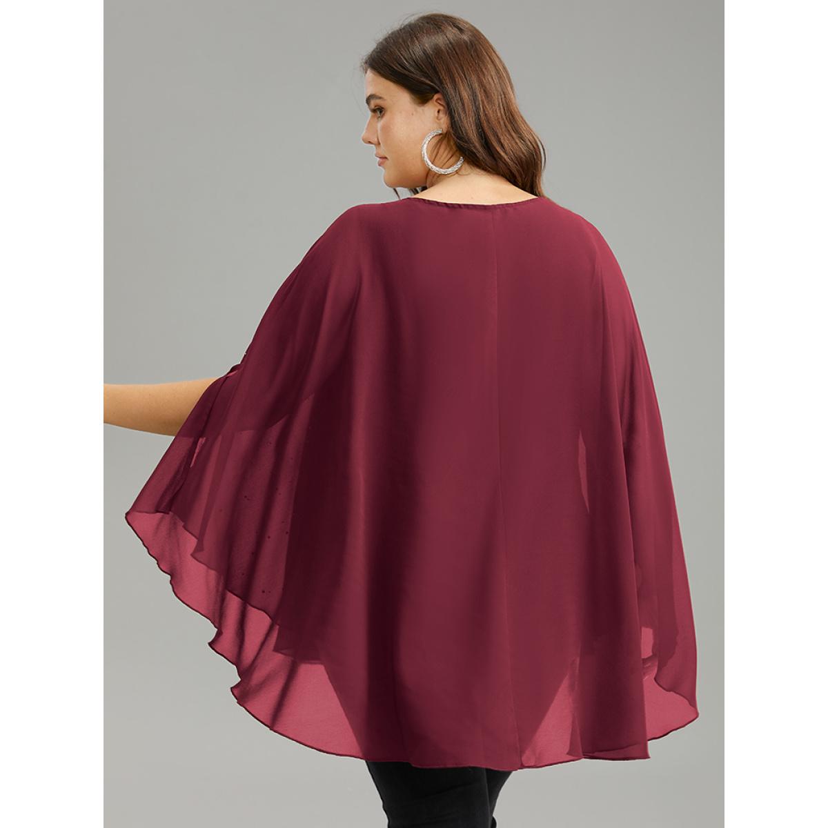 Plus Size Scarlet Chiffon Rhinestone Split Dolman Sleeve Blouse Women Cocktail Elbow-length sleeve Round Neck Party Blouses BloomChic 22-24/3X Product Image