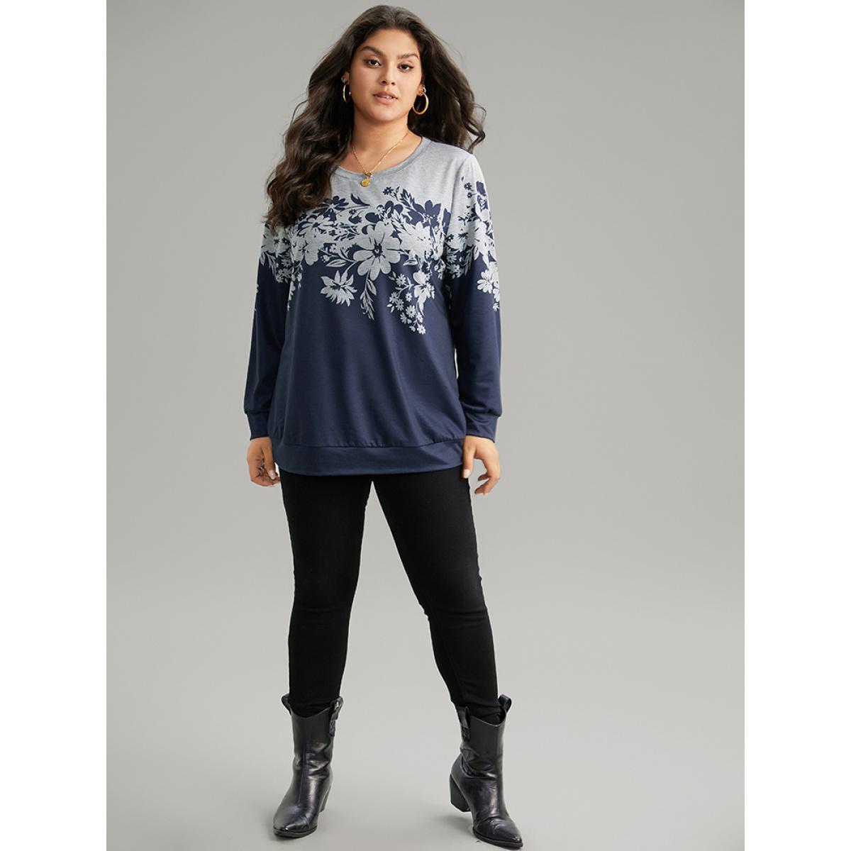 Plus Size Silhouette Floral Print Contrast Round Neck Sweatshirt Women Indigo Casual Contrast Round Neck Dailywear Sweatshirts BloomChic 12/L Product Image