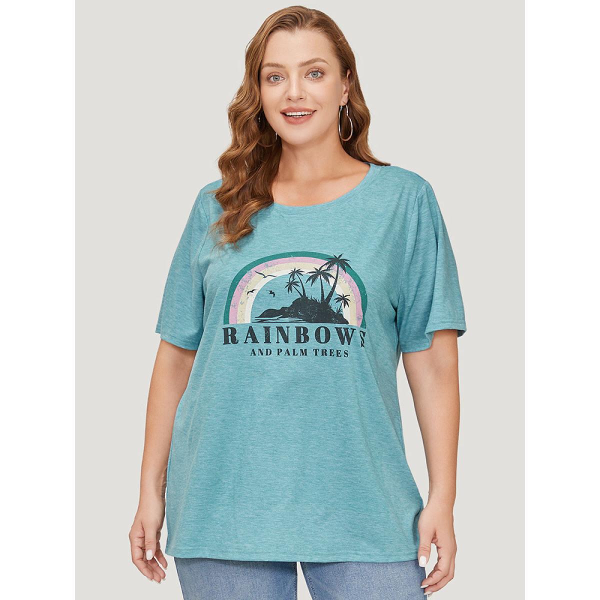 Plus Size Rainbow & Letter Print Short Sleeve T-shirt Cerulean Women Casual Tropical Dailywear T-shirts BloomChic 18-20/2X Product Image