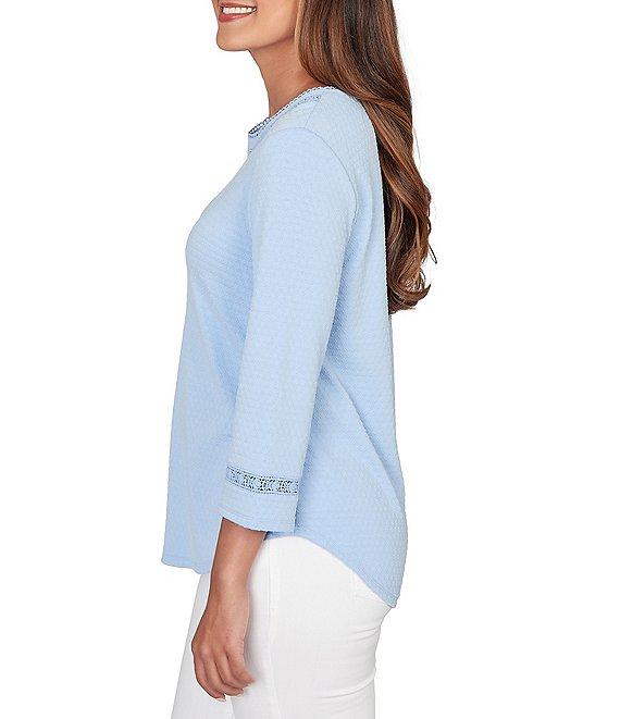 Ruby Rd. Petite Size Soft Textured Knit Crew Neck 3/4 Sleeve Lace Trim Top Product Image