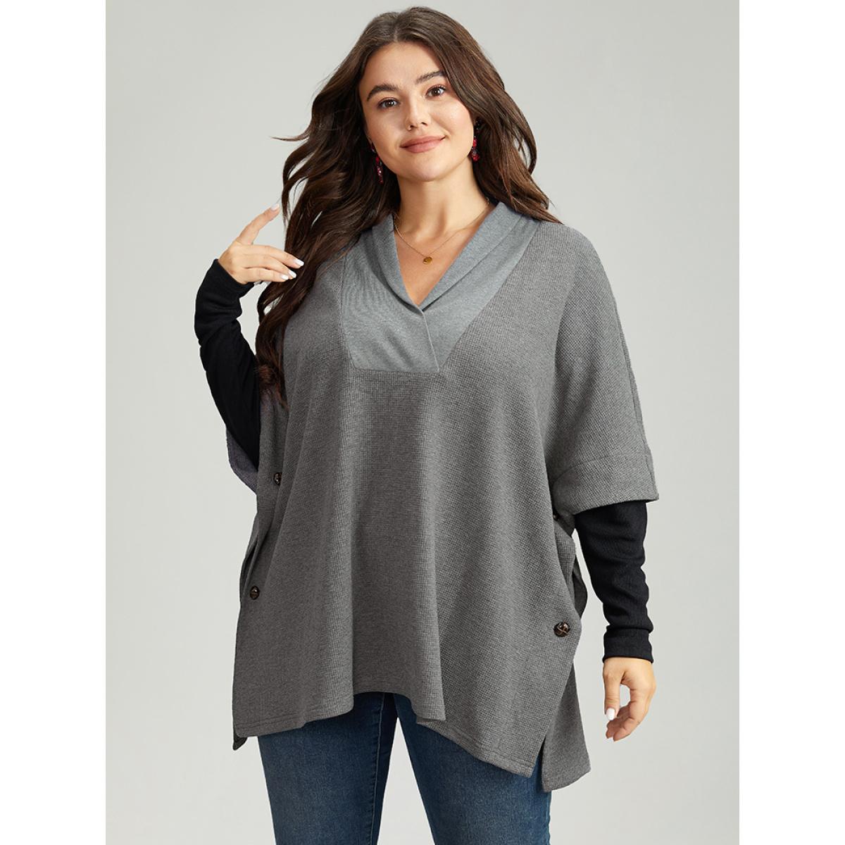 Plus Size Waffle Knit Batwing Sleeve Lapel Collar Sweatshirt Women Gray Casual Patchwork Lapel Collar Dailywear Sweatshirts BloomChic 28/5X Product Image