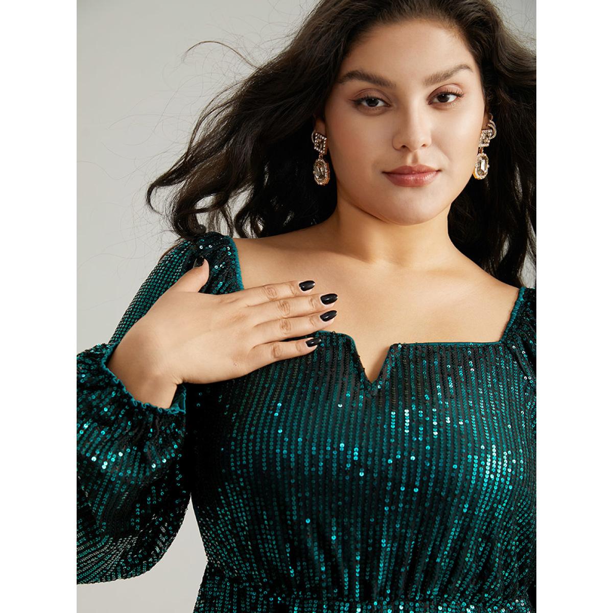 Plus Size Sequin Square Neck Lantern Sleeve Knee Dress DarkGreen Women Party Elastic cuffs Square Neck Long Sleeve Curvy Knee Dress BloomChic 28/5X Product Image