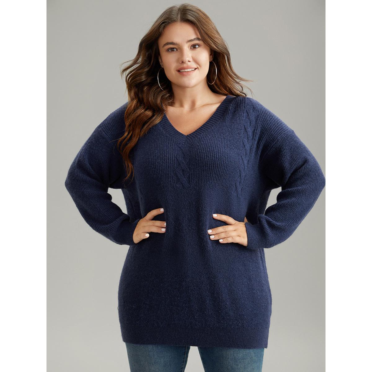 Plus Size Anti-Pilling Solid Cable Knit Button Detail Pullover Indigo Women Casual Loose Long Sleeve V-neck Dailywear Pullovers BloomChic 26/4X Product Image