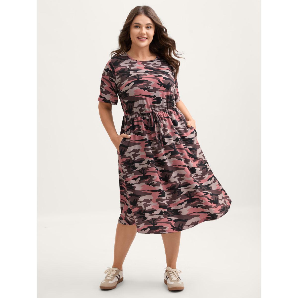 Plus Size Camouflage Print Round Neck Pockets Midi Dress Heather Women Casual Tie knot Knit Dresses Bloomchic 22-24/3X Product Image