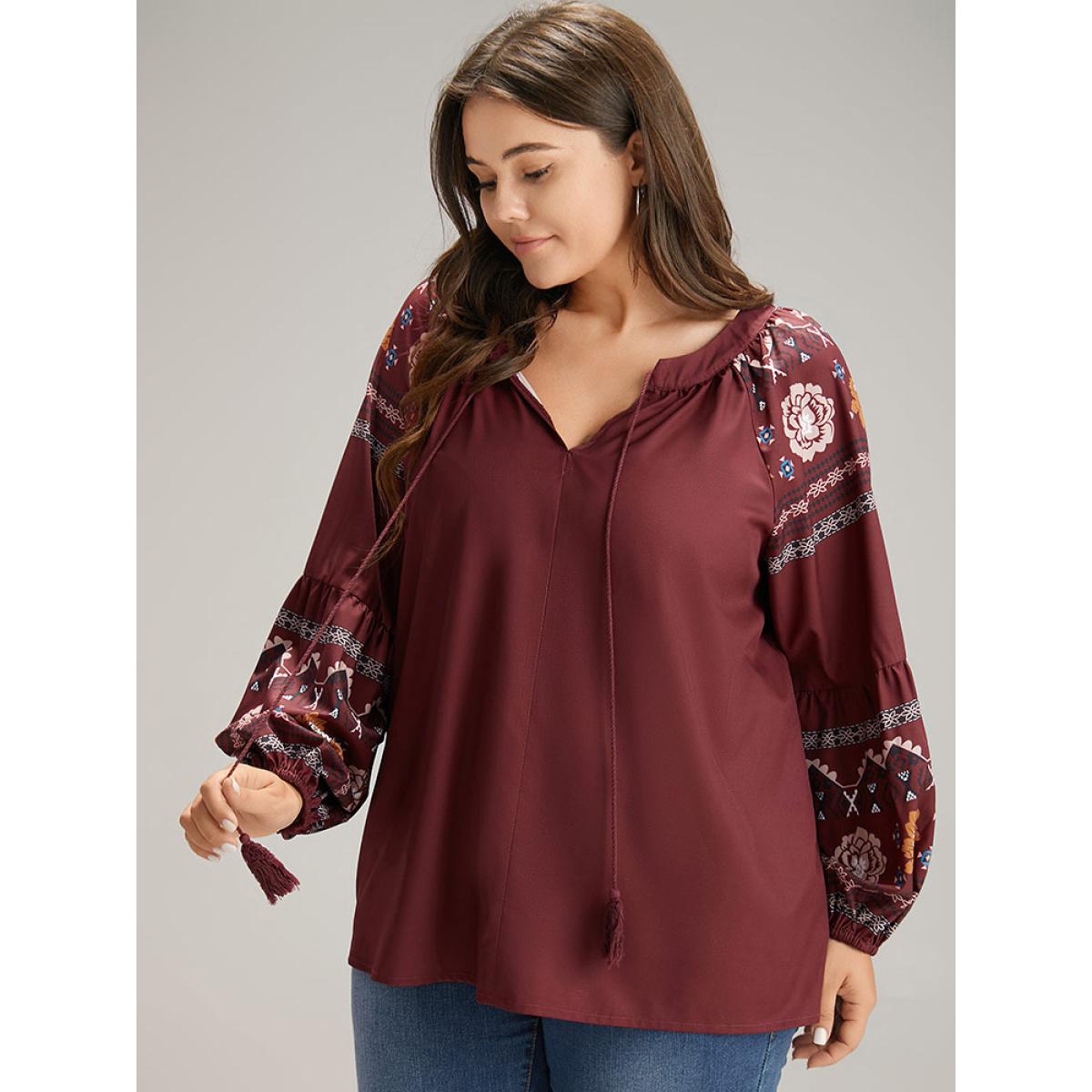 Plus Size Scarlet Boho Print Tie Neck Tassel Trim Blouse Women Vacation Long Sleeve Tie Neck Dailywear Blouses BloomChic 26/4X Product Image