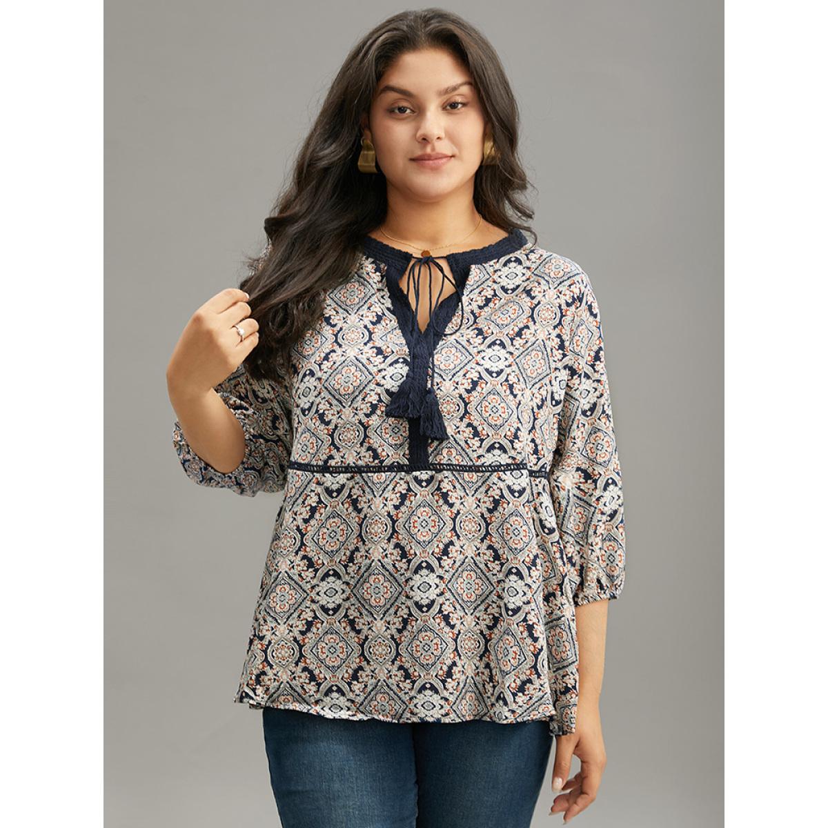 Plus Size Indigo Moroccan Print Tassels Ties Elastic Cuffs Blouse Women Resort Elbow-length sleeve Tie Neck Vacation Blouses BloomChic 14-16/1X Product Image