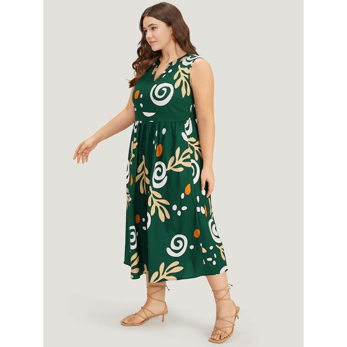 Plus Size Graphic Print Notched Pocket Tank Dress DarkGreen Women Vacation Printed Notched collar Sleeveless Curvy Midi Dress BloomChic 18-20/2X Product Image