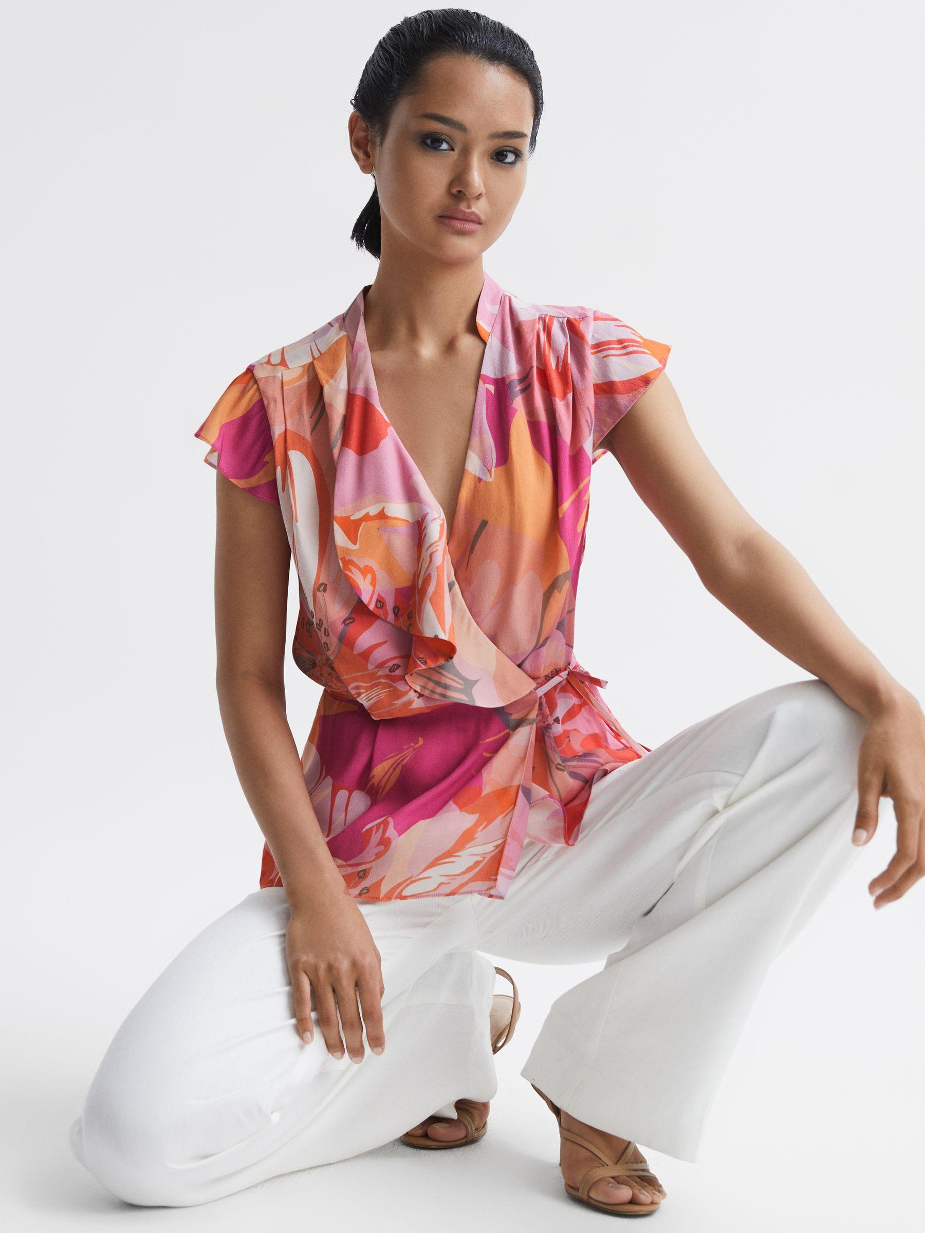 Tropical Print Wrap Blouse in Pink Product Image