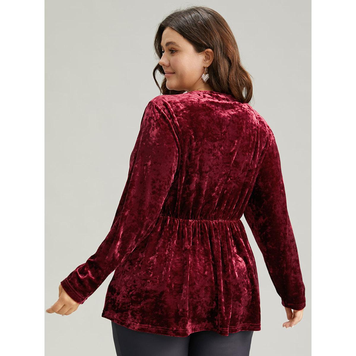 Plus Size Scarlet Velvet Overlap Collar Elastic Waist Buckle Detail Blouse Women Glamour Long Sleeve Overlap Collar Festival-Christmas Blouses BloomChic 12/L Product Image